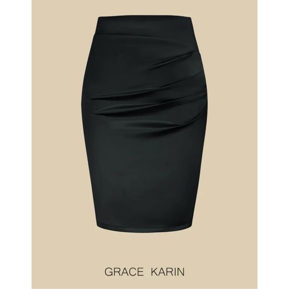 GRACE KARIN Elegant Ruched Skirts Satin Knee Length Slim Fit Business Skirt Size - Picture 1 of 11